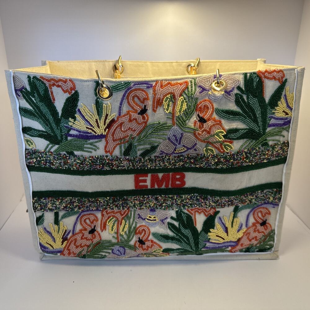 Lily & Bean London Beaded Canvas Tote Bag Bamboo Handle Flamingo Resort EMB